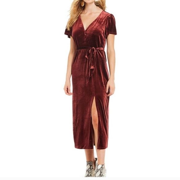 Sanctuary Airy Night Slit Midi Dress Dark Dusty Red Velvet Belted HOCO Size S - Picture 1 of 16